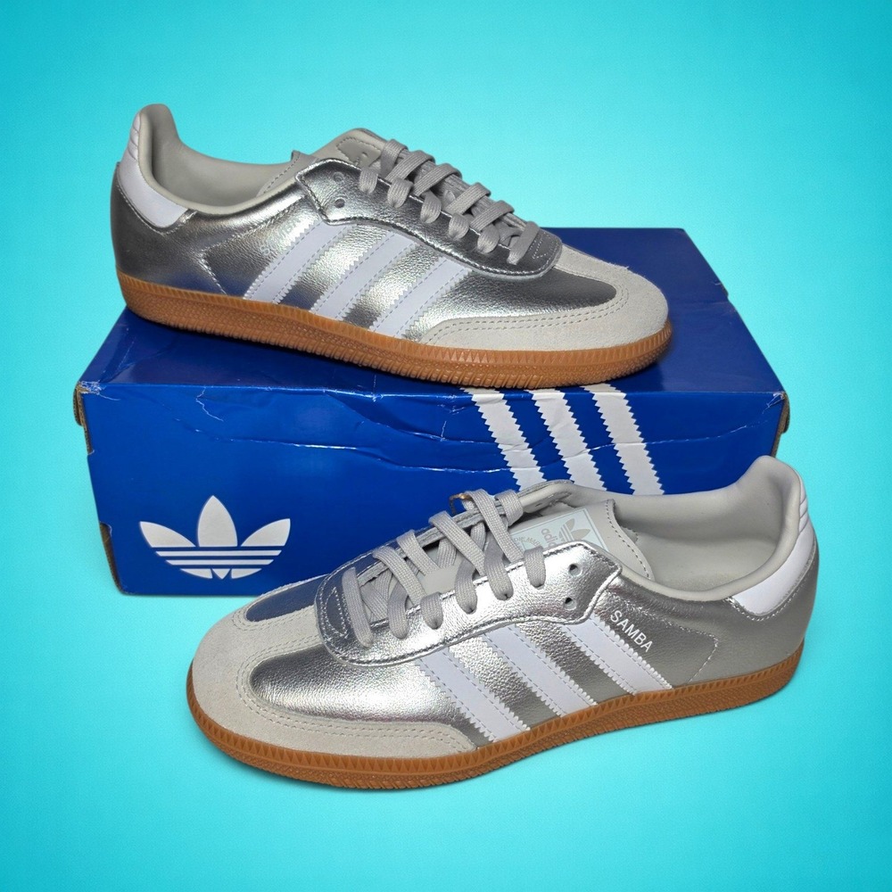 New Kids' Adidas Samba OG J Metallic Silver White Gum Sneakers KK2327, size 4.5Y